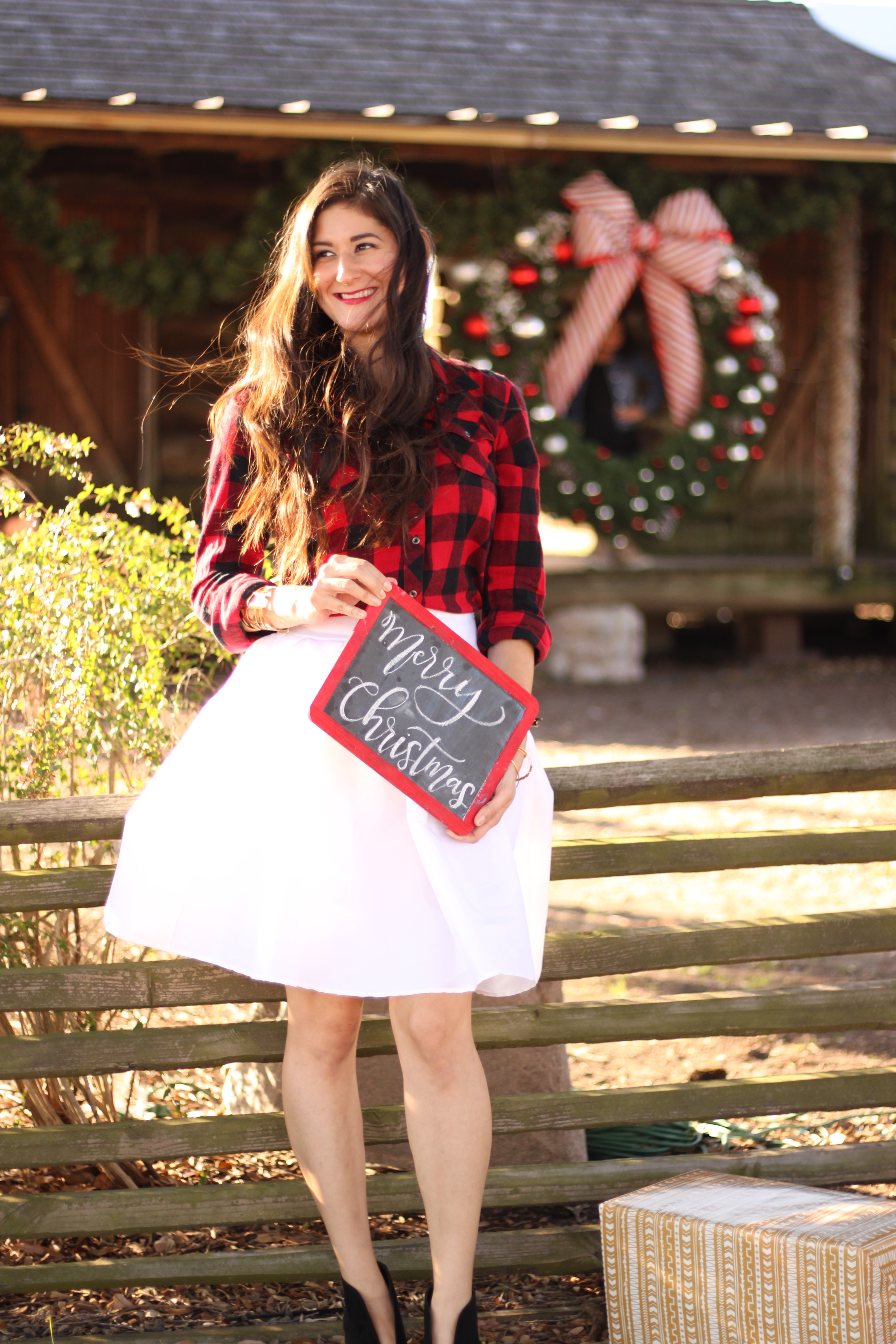 Fashion Blogger Jenni Metz Christmas outfit. Buffalo Plaid and White taffeta skirt.