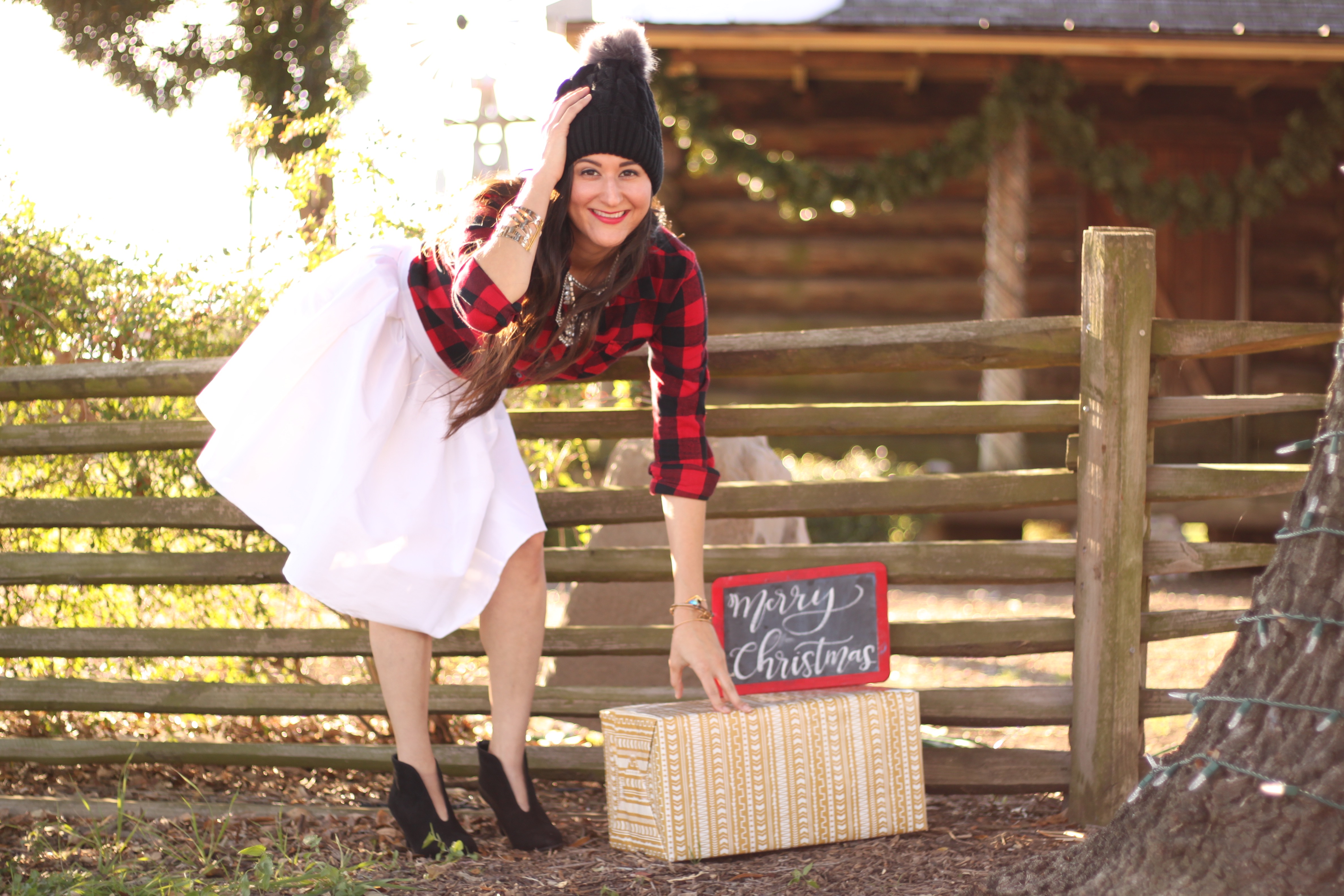 The Fashionable Maven Jennimetz wearing buffalo plaid for Christmas shoot