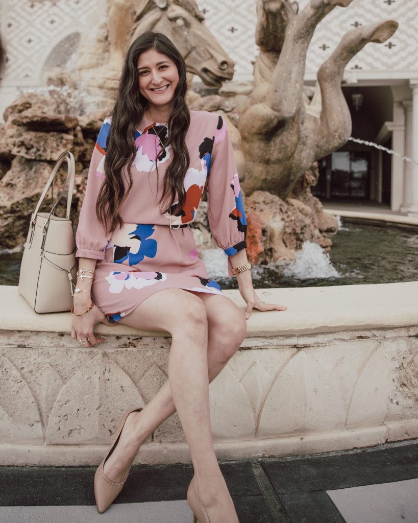 Blush Floral midi dress for spring. Midi floral dress outfit is paired with sam edelman nude heels.  This floral dress is so cute and can be styled mulitiple ways.  #springoutfit #mididresses #floraldress 