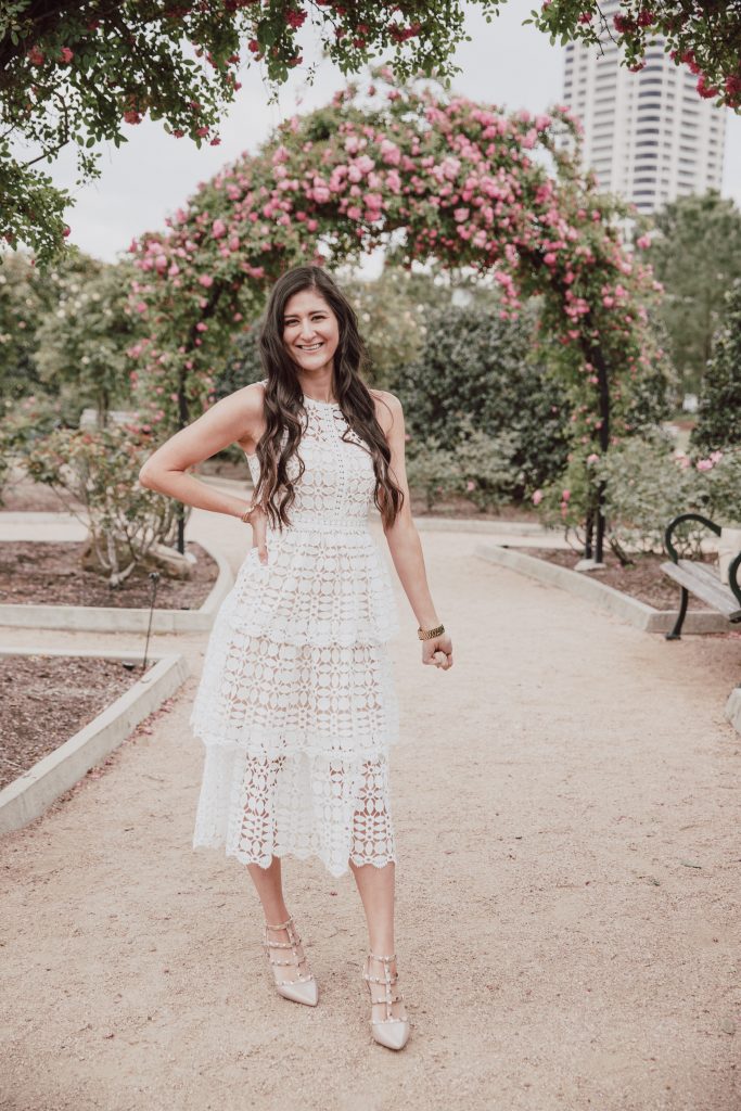 Elegant white lace dress. Three tiered skirt with sheer lining. Sleeveless dress that comes in 4 colors. The perfect outfit for Easter. Easter Dress style.