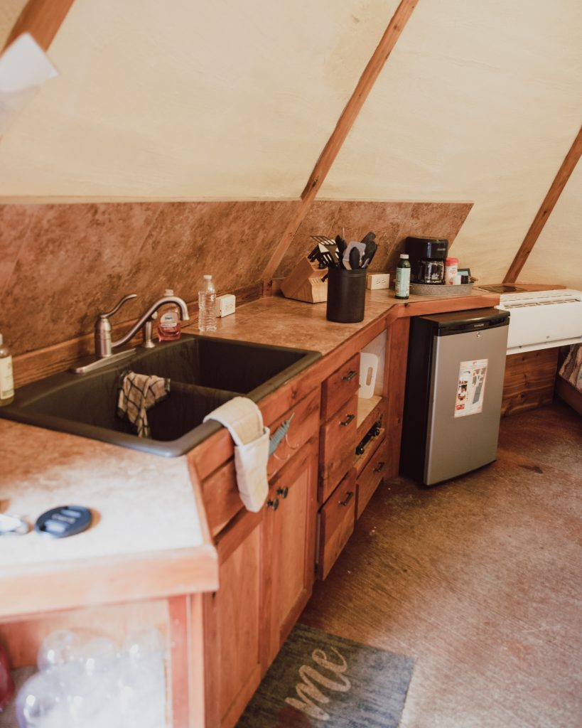 Mini Kitchenette inside of the tipi camping tent. New Braunfels. TX