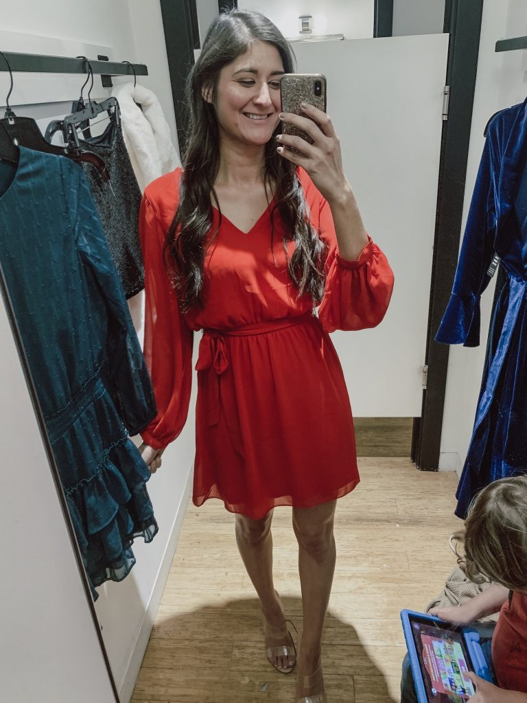 Red midi dress for the holidays, part of the Express try on Haul.