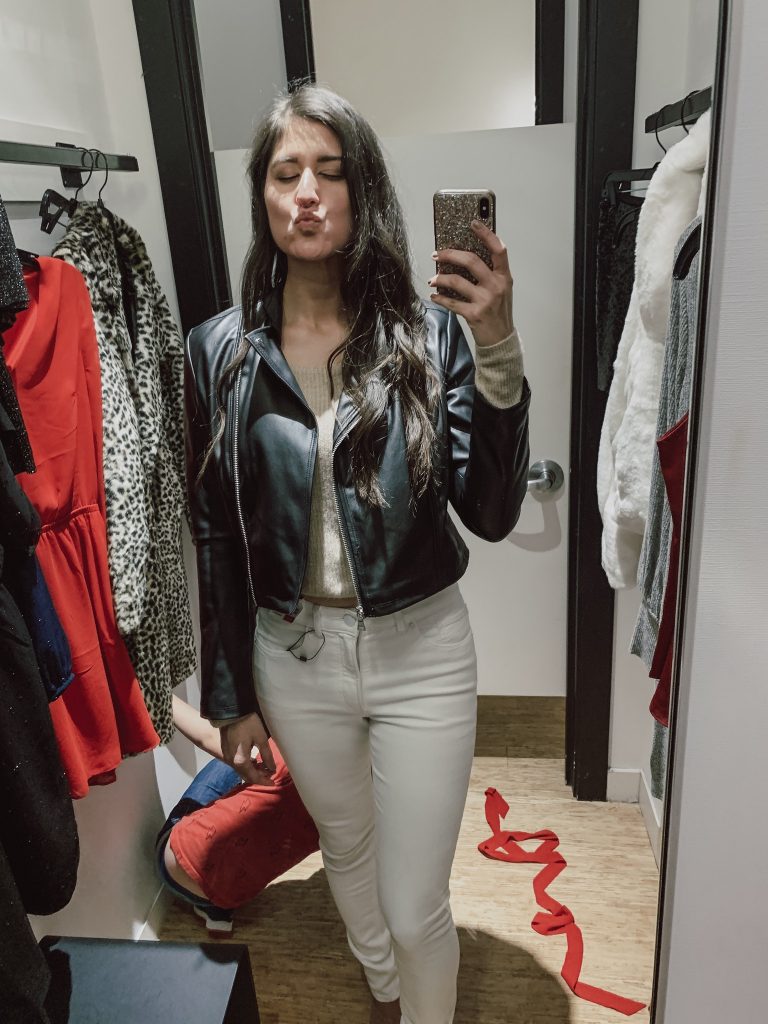 Cropped Black faux leather jacket from Express 50% off sale. The Fashionable Maven Blog.