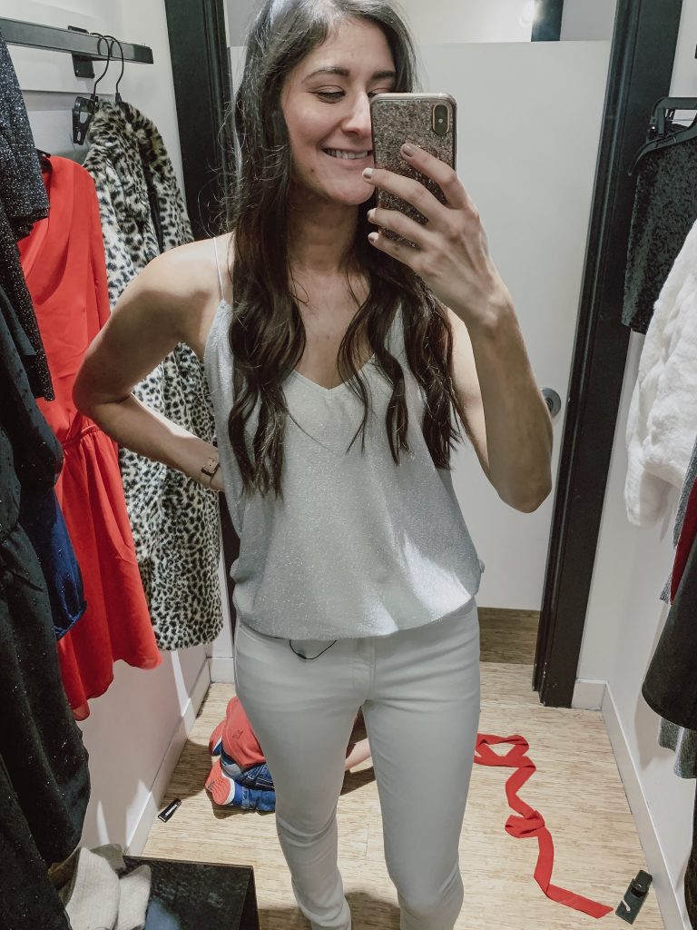 Metallic camisole from Express 50% off sale try on.