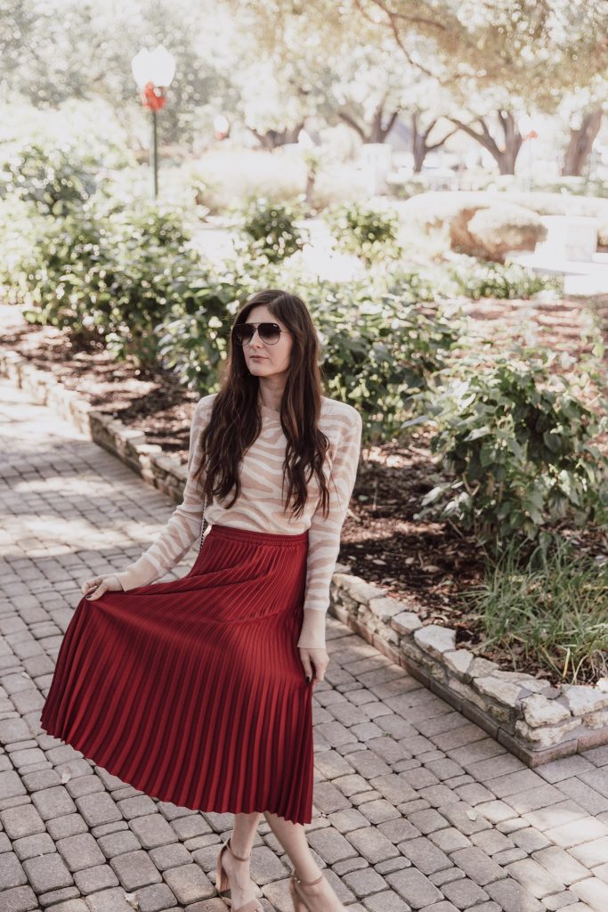 Animal print top with pleated midi skirt outfit fall. 