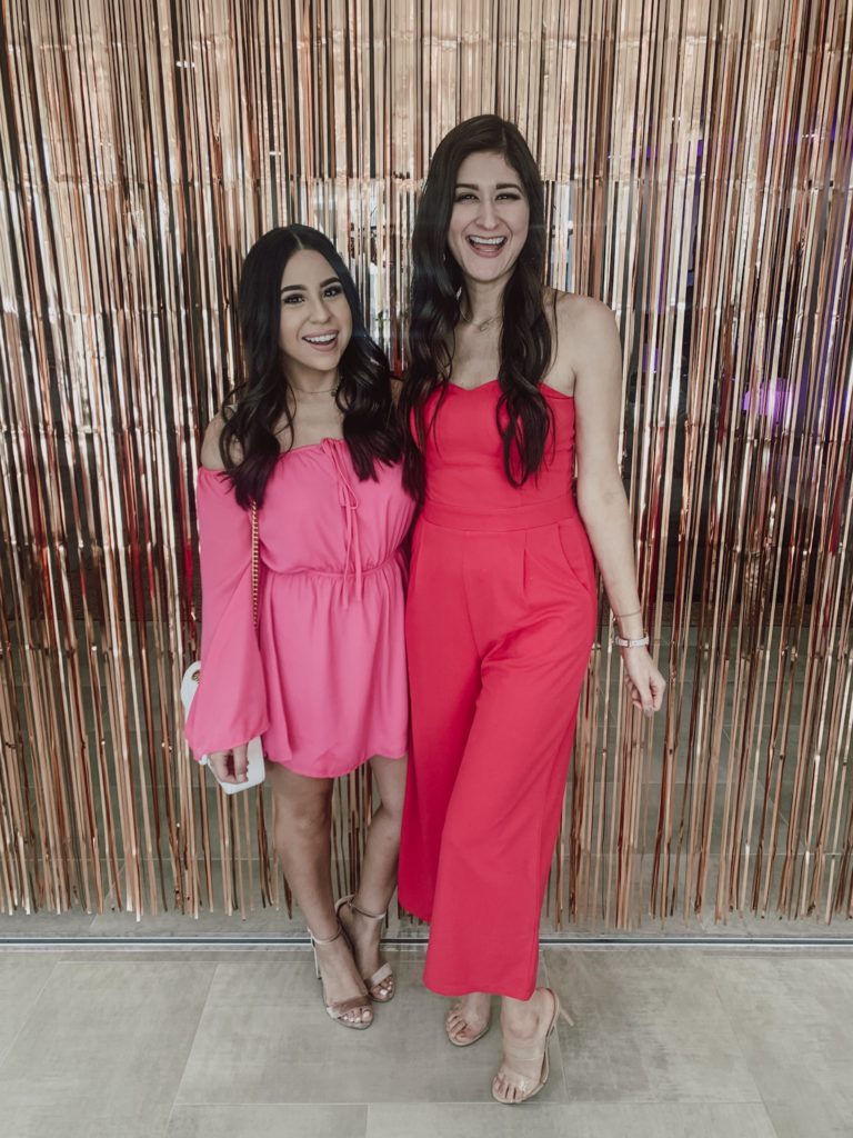 Galentines outfits for brunch: Jenni Metz and Very Vannesa in pink outfits. 