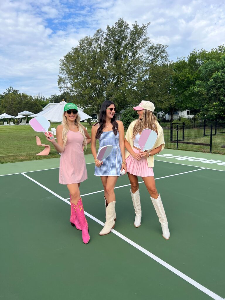 Jennimetz the frenchie round top tx pickle ball outfits on a court 3 females