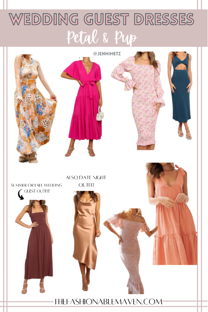 Product collage for summer wedding guest dresses for women. TFM
