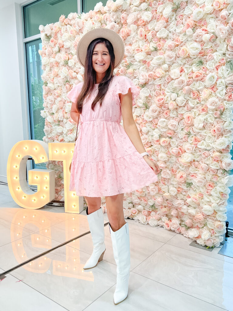 How to style western boots TFM Pink eyelet dress and white calf high western boots.