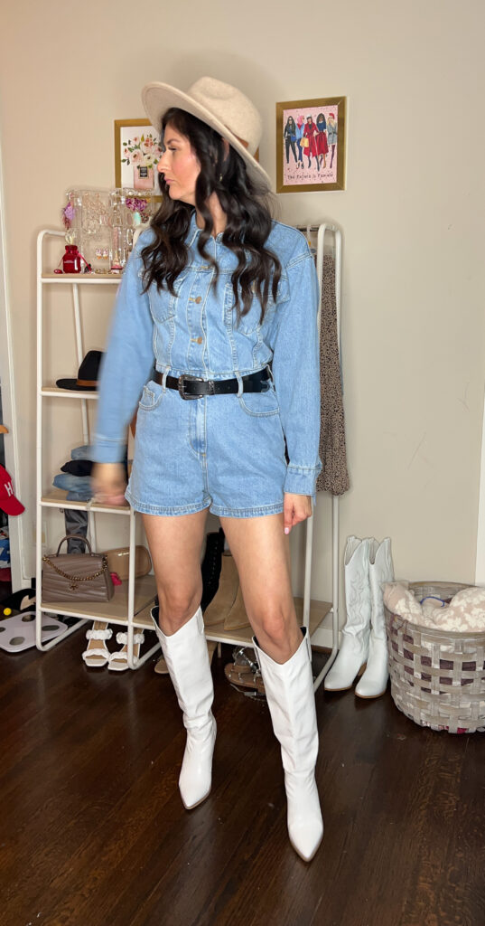 Western boots outfit: Denim romper with fringe and white boots with cowboy hat. 